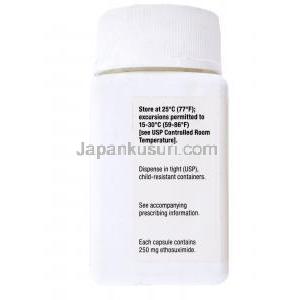 ザロチン Zarontin, エトスクシミド　カプセル, 250mg,　ボトル側面,保存方法,製造元：ファイザ